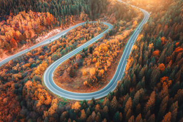 Aerial view of winding mountain road in forest at sunset in autumn in Ukraine. Top drone view of...