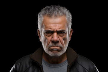 Obraz premium Sulking senior Latin American man, head and shoulders portrait on black background. Neural network generated photorealistic image