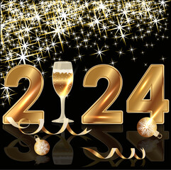 New 2024 year Merry Christmas greeting card with champagne,	
vector illustration