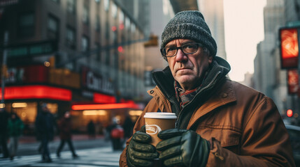 Fototapeta premium Stock photograph of one man on the street drinking coffee