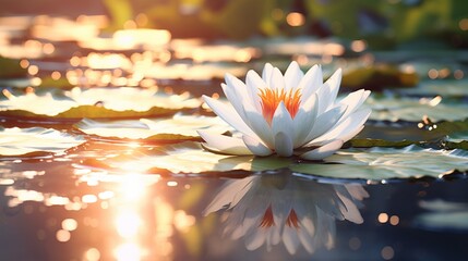 A water lily floating on a still pond, its leaves supporting the pristine, white blossom as it...