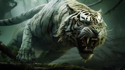 a majestic predator tiger with a wild look is roaring in the wild forest created with Generative Ai