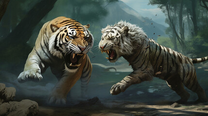 a majestic predator tiger with a wild look is roaring in the wild forest created with Generative Ai