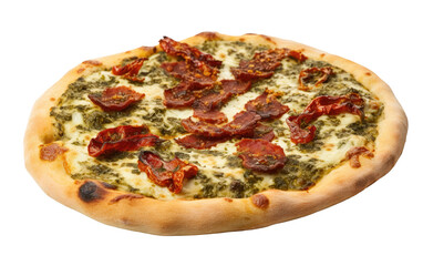 Flavorful Pesto and Sun-Dried Tomato Pizza On Transparent Background.