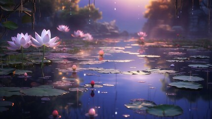 A water lily pond in the soft light of evening, with the blossoms appearing as radiant jewels in the quiet waters.