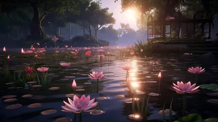 Fotobehang A water lily pond in the soft light of evening, with the blossoms appearing as radiant jewels in the quiet waters. © rehman