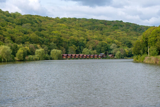 Beautiful view of the lake in the resort town of Sataniv, Khmelnitsky region, Ukraine.
