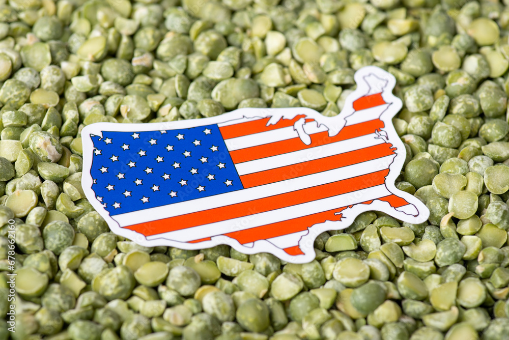 Poster Small flag and map of USA in green pea. Concept of origin of pea grain, harvest of pea in USA