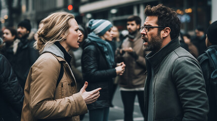 Stock photograph of couple of men and women on the street arguing - obrazy, fototapety, plakaty