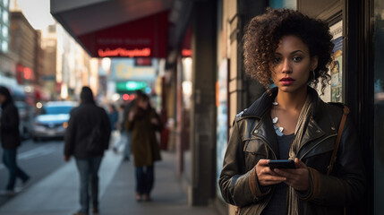 Stock photograph of one woman on the street using the cell phone - obrazy, fototapety, plakaty