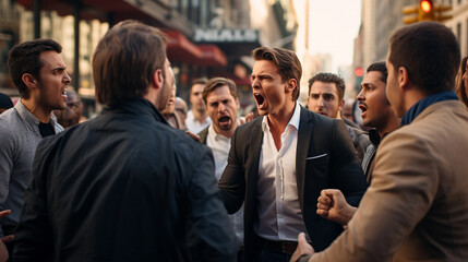 Stock photograph of group of men and womenon the street arguing