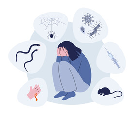 Phobia illustration. Frightened woman suffering from phobia. Varous kinds of phobias. Flat vector illustration of mental disorder