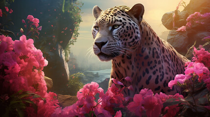 a gentle tiger lies and looks at the camera with a slight pink tint in the wild created with Generative Ai