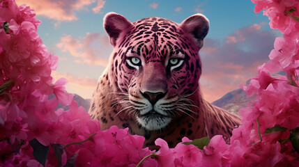 a gentle tiger lies and looks at the camera with a slight pink tint in the wild created with Generative Ai