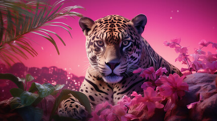 a gentle tiger lies and looks at the camera with a slight pink tint in the wild created with Generative Ai