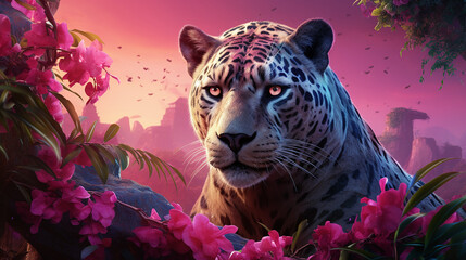 a gentle tiger lies and looks at the camera with a slight pink tint in the wild created with Generative Ai