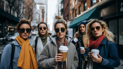 Stock photograph of group women on the street drinking coffee