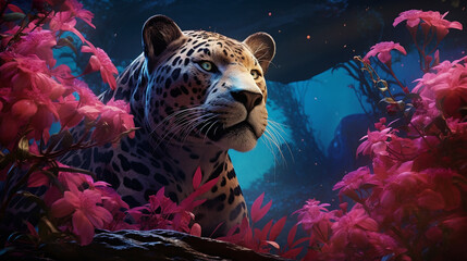 a gentle tiger lies and looks at the camera with a slight pink tint in the wild created with Generative Ai