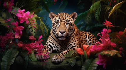 a gentle tiger lies and looks at the camera with a slight pink tint in the wild created with Generative Ai