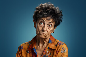 crazy scowl senior Latin American woman, head and shoulders portrait on blue background. Neural network generated photorealistic image - obrazy, fototapety, plakaty