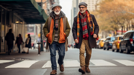 Stock photograph of couple of men on the street walking