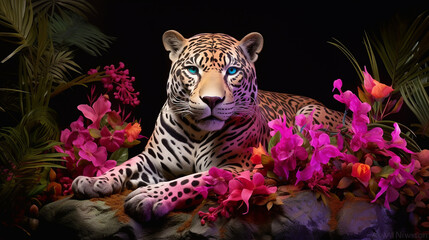 a gentle tiger lies and looks at the camera with a slight pink tint in the wild created with Generative Ai