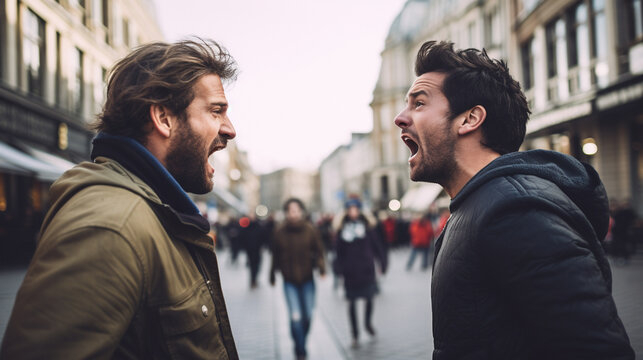 Stock photograph of couple of men on the street arguing