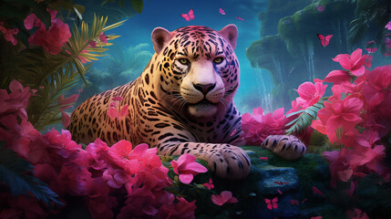 a gentle tiger lies and looks at the camera with a slight pink tint in the wild created with Generative Ai