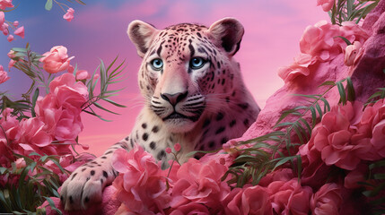 a gentle tiger lies and looks at the camera with a slight pink tint in the wild created with Generative Ai