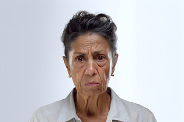 Sad crying senior Latin American woman portrait on white background. Neural network generated photorealistic image