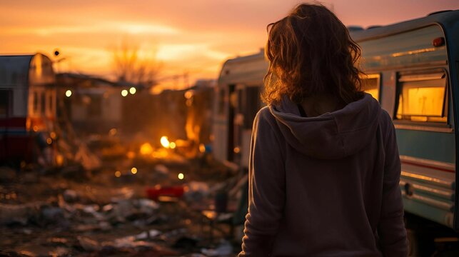 a woman standing next to a small trailer at sunset on the edge of a garbage