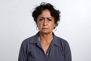Obraz premium Sad crying senior Latin American woman portrait on white background. Neural network generated photorealistic image