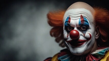 close-up portrait of scary clown against dark background with space for text, AI generated, background image - obrazy, fototapety, plakaty