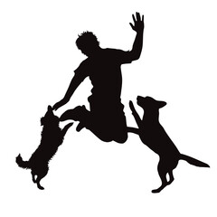Vector silhouettes of boy with his dogs on white background. Symbol of pet and canine.