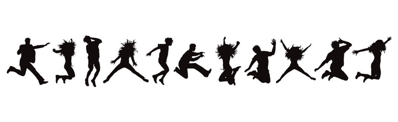 Fototapeta na wymiar Set of vector silhouette of jumping people on white background. Symbol of sport and happiness.