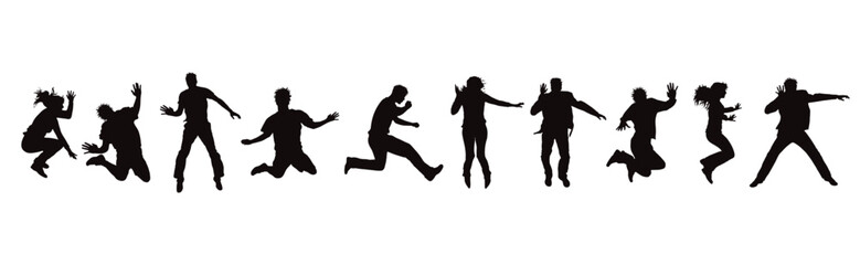 Set of vector silhouette of jumping people on white background. Symbol of sport and happiness. - 678663563