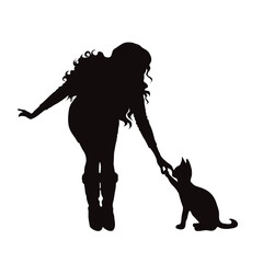 Vector silhouettes of girl with her cat on white background. Symbol of pet and canine. - 678663567