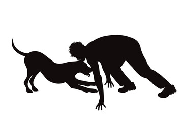 Vector silhouettes of boy dancing with his dog on white background. Symbol of pet and canine.