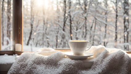 Cup of coffee on the windowsill, scarf on the background of the window - obrazy, fototapety, plakaty