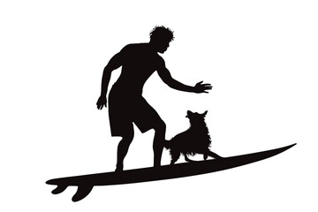 Vector silhouette of boy surfing with his dog on white background. Symbol of sport and pet.