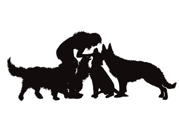 Vector silhouettes of girl with her dogs on white background. Symbol of pets and canine.