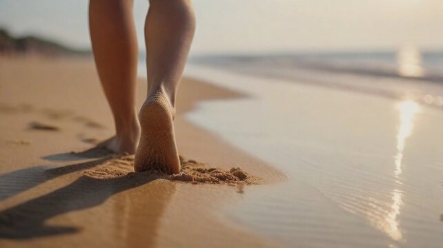 close-up portrait of walking barefoot on beach sand with space for text, AI generated, background image