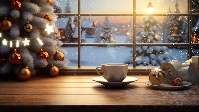 coffee at night with snowfall background. seamless looping time-lapse virtual 4k video animation background.