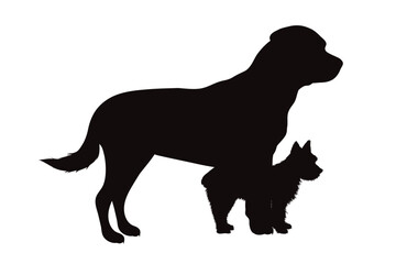 Vector silhouette of Rottweiler and Yorkshire terrier on white background. Symbol of pet and dog.