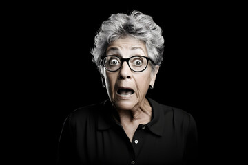 Surprised gray-haired Latin American woman on black background. Neural network generated photorealistic image.