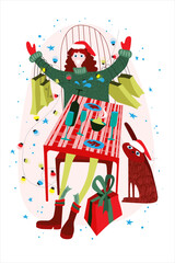 Vector New Year's illustration of a girl in a warm sweater and with bags of gifts sitting at a festive table, and under the table sits a cat in a New Year's hat.