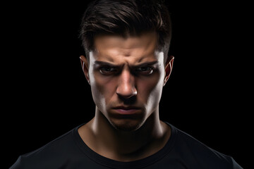 Fototapeta premium Sulking young adult Latin American man, head and shoulders portrait on black background. Neural network generated photorealistic image.