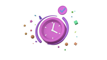 Concept business work time. 3D render, Minimal Alarm clock with colorful floating confetti isolated on transparent background, Management time and planning concept, reminder and notification.