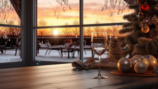 tea at sunset with snowfall background. seamless looping time-lapse virtual 4k video animation background.