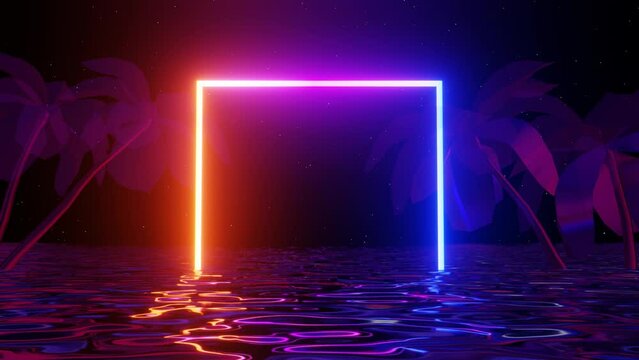 3d retro 80s 90s blue and orange neon glowing square with sea ocean. Metal fluid sci-fi waves Abstract rectangular frame, laser line in night sky shine stars background. Animation looped 4k 30 fps y2k
